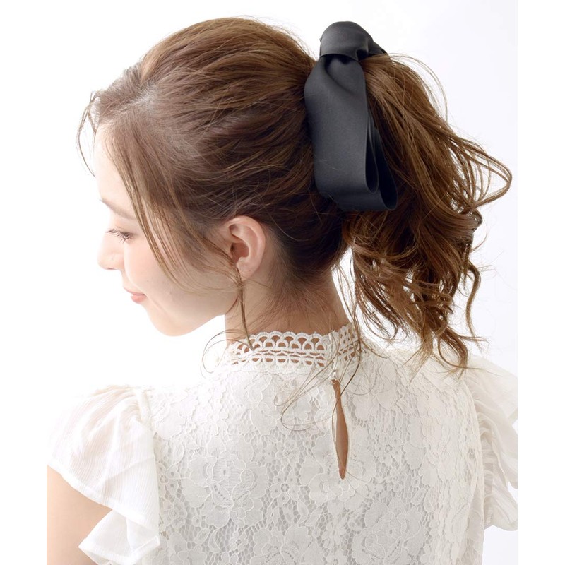 VINGTAINE H7072-BK- Asymmetrical Long Satin Ribbon Hair Clip, Beak Clip,