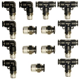 15 Pcs Push to Connect Fittings 1/4 Inch Tube OD x 1/4 Inch NPT Pneumatic Male Thread Straight Elbow Combination Push Quick Release Connectors Connect Air Line Fittings Plumbing Fittings
