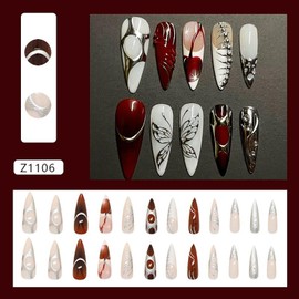 24Pcs Red Press on Nails Long Almond Fake Nails Stiletto False Nails with 3D Metallic Feeling Designs Butterfly Acrylic Nails for Women