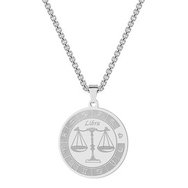 Libra Zodiac Sign Pendant Necklaces for Women Men 12 Constellation Charm Stainless Steel Astrology Horoscope Sign Disc Jewelry Birthday Gift (Libra-S)