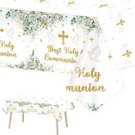 AIBIIN 3Pcs First Holy Communion Baptism Tablecloth Greenery Mi Primera Comunion Table Cover Decorations Christening God Bless Plastic Disposable Table Cloth Table Decorations 108 x 54 Inch