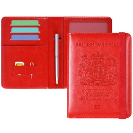 DMLuna Passport Holder, Premium PU Leather Travel Passport Wallet RFID Blocking Passport Cover Case Travel Documents Organizer with Pen Holder, for Women and Men - Red