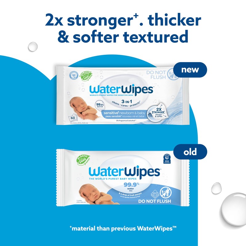 WaterWipes Sensitive+ Newborn & Baby Wipes, 3-In-1 Cleans, Cares, Protects,