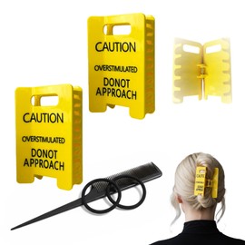 2 Pack Caution Overstimulated Hair Claw Clip, Clips with Comb and Hair Ties for Women Girls Students, Hair Styling, Hair Accessories for Long Thin Thick Hair