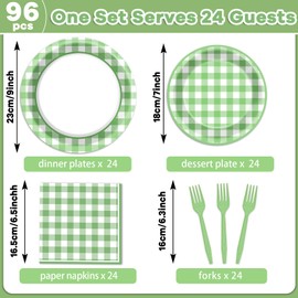 96pcs Green Plaid Tableware Green Buffalo Plaid Party Supplies Green Checkered Plates Napkins Gingham Party Decorations Green White Dinnerware Table Decor for Birthday Wedding Bride Shower 24 Guests