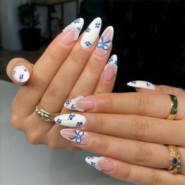 Shimmerz Press On Nails Almond Shape Medium White with Bow and Pearls Blueberry Design Reusable False Nails French Look for Women Spring Pack of 24