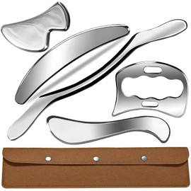 5 en 1 raspador muscular de acero inoxidable Gua Sha, juego de herramientas de masaje, herramienta de raspado, terapia física con estuche de almacenamiento, tejido suave y liberación