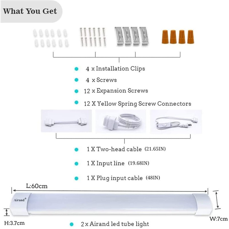 Airand Utility LED Light with Plug 2PCS Linkable Fixture 2FT
