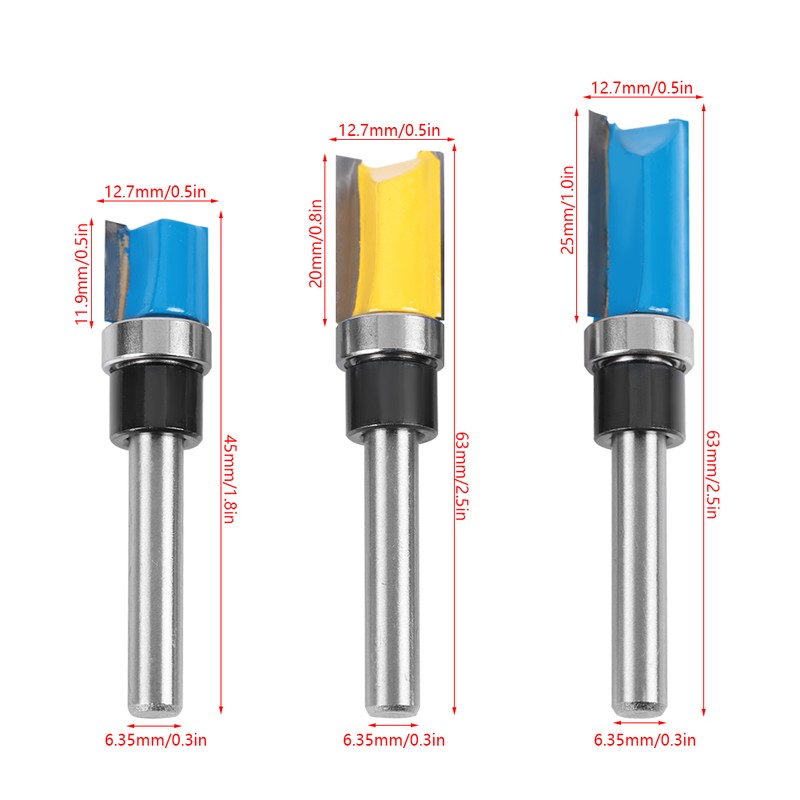 3pcs Woodworking Cutter Milling 1/4" Shank Edge Trimming Slotting Router