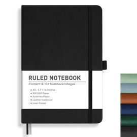 RETTACY Notebook Lined A5, Journal Diary with 192 Numbered Pages, 100 gsm Notebooks, Inner Pocket, Hardcover Book for Office, School, Work, Women, Men, 14.8 x 21 cm, Black
