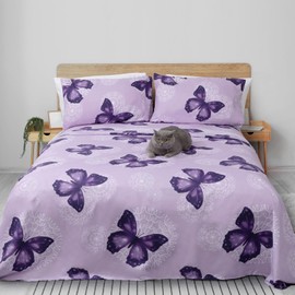 ARTALL 4-Piece Butterfly Print Queen Size Sheet Set, Soft Microfiber All-Season Bed Sheets Includes 2 Pillowcases, 1 Flat Sheet, 1 Fitted Sheet with 15" Deep Pockets, Purple