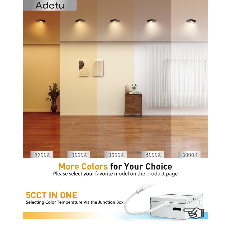 Adetu - 6 Inch 5CCT Black LED Gimbal, 360°+90°Adjustable Directional