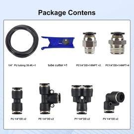 Air Line Tubing Kit, CNAODUN 1/4 inch OD 1/6 ID 39.4ft/12 Meter Black Pneumatic Tubing PU Air hose Pipe Tube Kit for Air Line or Fluid Transfer