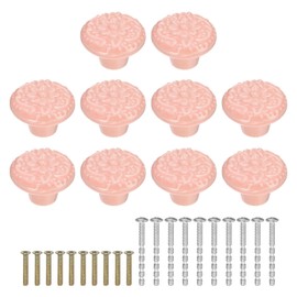 sourcing map 10Pcs Ceramic Knobs, 34mm/1.34" Flower Pattern Mushroom Knob Drawer Pull Handle Vintage Wardrobe Knobs with Screws for Vanity Bedroom Furniture Closet, Pink