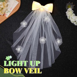 EARENT Light Up Tulle Bow Veil Bridal White Hair Clip Wedding Hair Accessories for Women (A-Warm)