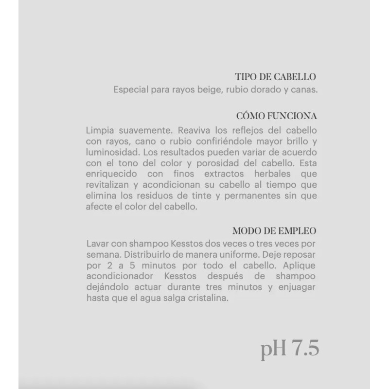 KESSTOS Shampoo Matizador Beige, Rubio Dorado Y Canas. 480 Ml