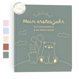 HuBorns - Baby Album First Year to 5 for Gluing Photos and Labels, Children's Photo Album with +50 Pages and Stickers, Original Memory Book Baby, Photo Album Baby (Green, German)