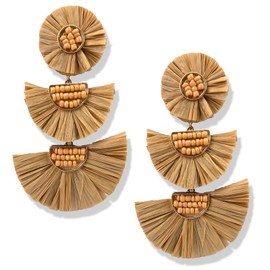 Statement Earrings Brown Beaded Raffia Palm Bohemian Drop Dangle Earrings for women