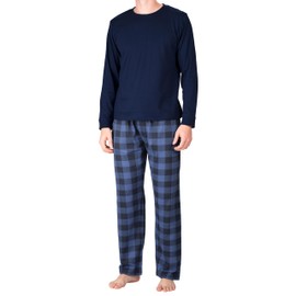 SLEEPHERO Men's Pajama Set Sleepwear Pjs Lightweight Long Sleeve Crewneck Shirts and Fleece Bottoms Soft Comfy Sleep Sets Sailor Navy with Navy Buffalo Check Medium