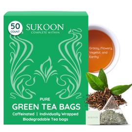 Sukoon Green Tea bags - 50 Tea Bags - 100% Pure Organic Green Tea loose leaf in plastic free tea bags - te verde organico Detox, & Refreshing - anti inflammatory, Caffeinated, Individually Wrapped
