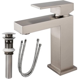 Solid Brass Single Handle Bathroom Faucet Modern Square Design Heavy Duty Vanity Pop-up Drain Water Supply Hoses Single FaucetColor: as Pic Color