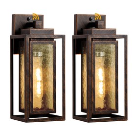Dusk to Dawn Outdoor Wall Lantern, Water Ripple Exterior Porch Light Fixture Black Gold, 2 Pack Sensor Outside Lantern Lamp, Porch Mount Lamp for Doorway, Waterproof Wall Sconce Light (Bulb Included)