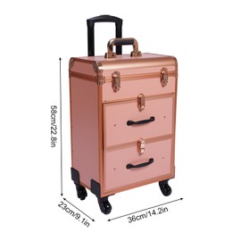 BIXIBIN Rolling Makeup Case, 3-Layer Aluminum Alloy Cosmetic Storage with Universal Wheels and Telescopic Handle,for Professional Makeup Artists and Nail Technicians