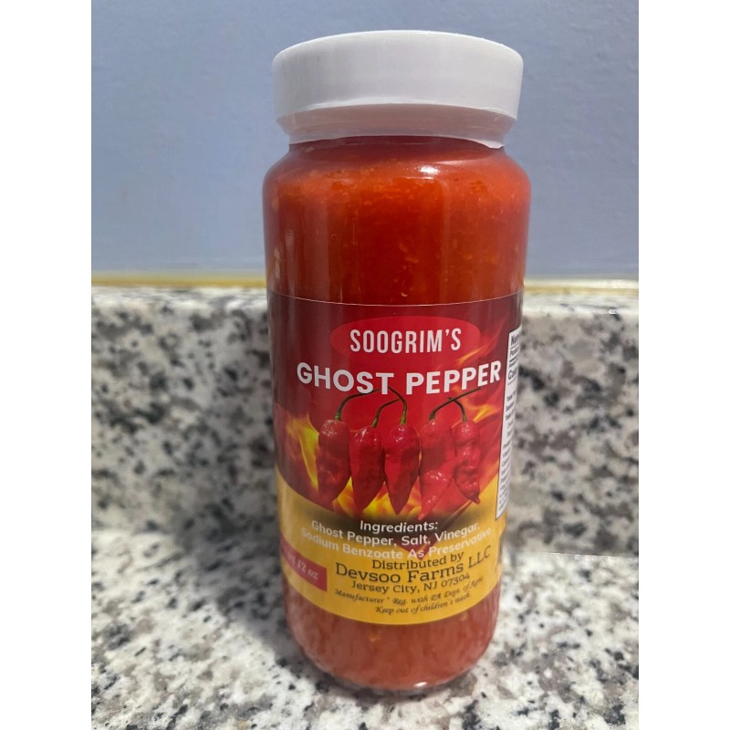 SOOGRIMS Original Ghost Pepper Sauce 12oz in a glass bottle