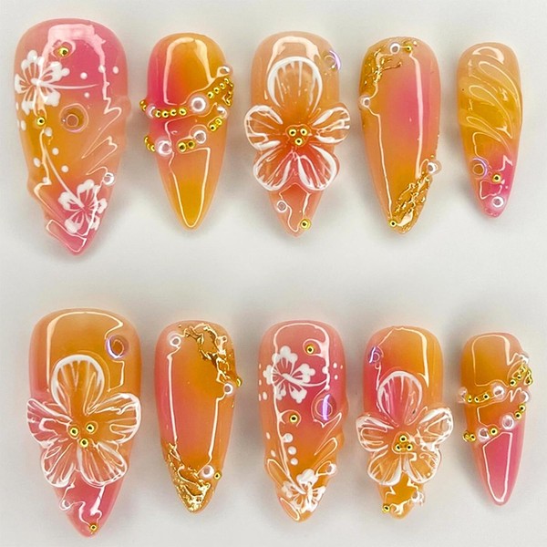 24pcs Flower Press on Nails Medium Almond Fake Nails with