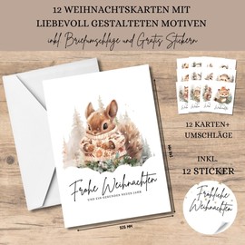 celebr8te Christmas Cards with Envelope Set and Free Stickers (12 of Each) – Greeting Cards, Postcards, Gift Cards – Christmas Cards Set Watercolour Animals