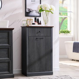 IFBUY Modern Tilt-Out Laundry Hamper Cabinet, 10 Gallon Fluted Trash Can Cabinet with Drawer, Wooden Hidden Garbage Can Cabinets with Laundry Basket, Free Standing for Bathroom and Kitchen, Grey