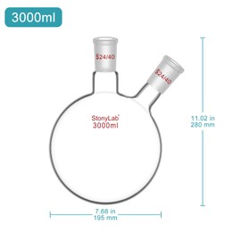 StonyLab Borosilicate Glass 2 Neck Round Bottom Flask RBF, with 24/40 Center and Side Standard Taper Outer Joint (3000ml)