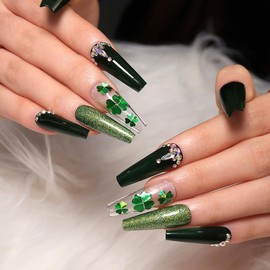 24Pcs St Patricks Day Press On Nails, Black Press On Nails Long Coffin Fake Nails with Green Four Leaf Clover & Rhinestone Glitter Design, Artificial Nails Stick On Nails for Women