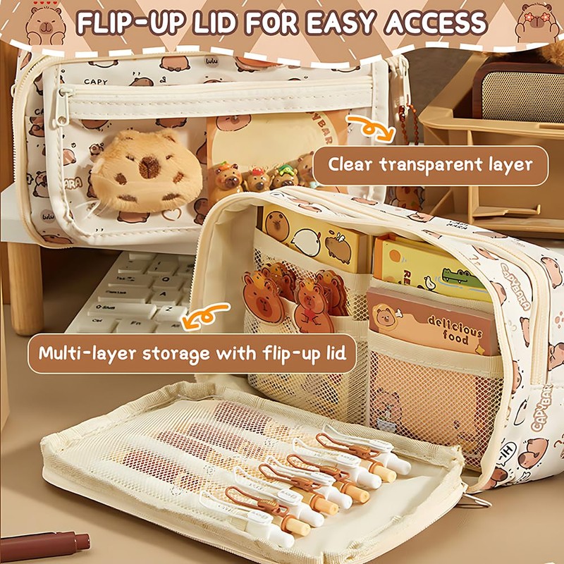 Capybara Pencil Case with 9 Compartments, 37 Pieces Capybara Stationery