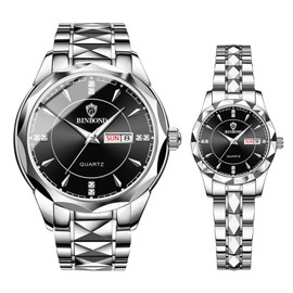 JewelryWe Couple Watches Gift Set: Romantic Pair His and Hers Wrist Watches Analog Quartz Dress Waterproof Luminous Calendar Casual Men Women Lovers Wedding Wristwatch