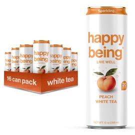 Happy Being Sparkling Nutrient-Rich Peach Rose White Tea – Infused with Turmeric, Elderberry, Vitamin D3, Caffeine Free, Plant-Based, Low Calorie & Low Sugar Drinks, 12oz (16 Pack)