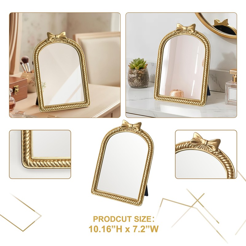 Gold Bow Resin Frame Mirror, Dual-Use Tabletop & Wall Mounted
