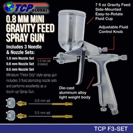 TCP Global Mini Gravity Feed Spray Gun with .8mm, .5mm & 1.0mm Needle & Nozzle Sets & Side Mounted Rotating Cup