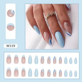 French Almond Press on Nails Spring Summer Blue White Stripe Wave Design Fake Nails Frosted Glued Full Coverage False Nails Women Girls