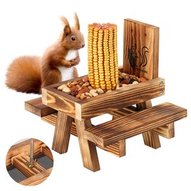 Squirrel Feeder for Outside Funny, Carbonized Wood Squirrel Picnic Table Feeder with Corn Cob Holder & Peanut Tray, Durable Picnic Table for Squirrel and Chipmunk, New Premium Gift