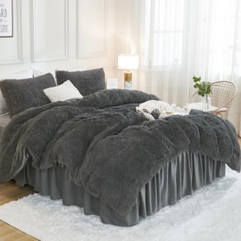 Andency Faux Fur Dark Grey Comforter for Queen Size Bed, 3 Pieces Gray Fluffy Fuzzy Plush Bedding Comforter Set (1 Shaggy Velvet Comforter & 2 Pillowcases), Soft Puffy Comfy Down Comforter Bedding Set