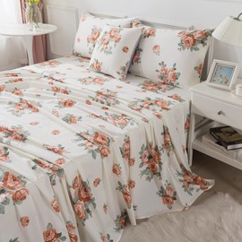 FADFAY Vintage Rose Floral Sheets Set Cal King Antique Shabby Floral Bedding Elegant Off White Farmhouse Bedding Cotton Bedding with Deep Pocket Fitted Sheet 4Pcs, California King Size