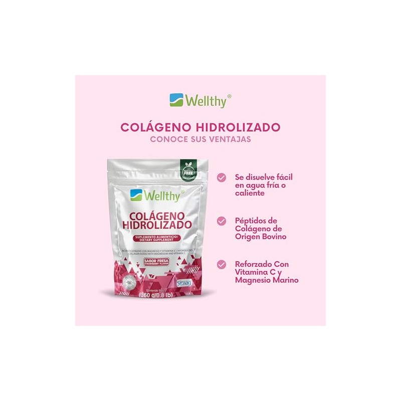 Wellthy Colágeno Hidrolizado Vitamina Magnesio Marino 360g Sabor Fresa Sugar