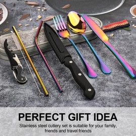 Reisebesteck Camping Besteck To Go, 9-Teilig Edelstahl Besteck mit Bestecktasche, Tragbare Campingbesteck, Camping Cutlery Set, Camping Utensilien Set für Reise, Camping, Outdoor-Aktivitäten (Bunt)