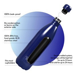 Stainless Steel Water Bottle 1L - Otto Koning - Double-Walled Vacuum Insulated Thermos Flask. Keeps Cold Drinks 24 Hours and Hot Drinks 12 Hours. Leak-proof Thermos Flask, BPA-Free