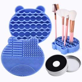 Alfombrilla de limpieza de brochas de maquillaje de silicona con soporte de secado de brochas, alfombrilla limpiadora portátil en forma de oso + cepillo de maquillaje, limpieza en seco, rápida eliminación de color (azul)