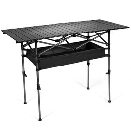 DIIGER Folding Camping Table, Portable Iron Roll-up Picnic Backpacking Table with Adjustable Height, Large Storage and Carrying Bag for Picnic, Camping, BBQ, Party, Backyard, Beach