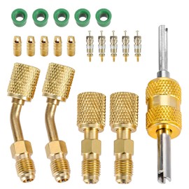 ZNDAW R410A Adapter for Mini Split System, 5/16 Female to 1/4 Male Flare Valve Core Remover with Hose Gaskets, 45° & 90° Charging Vacuum Port Adapters Kit for HVAC Refrigeration