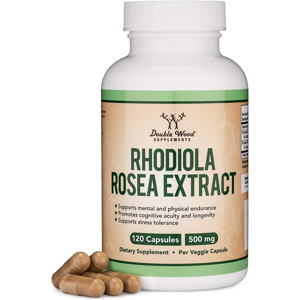 Rhodiola Rosea Supplement 500mg, 120 Vegan Capsules (Made and Tested in The USA, 3% Salidrosides, 1% Rosavins Extract) Natural Stress Level Support Pills by Double Wood Supplements