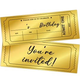 SIXEIGHT Golden Birthday Invitations, Gold Tickets Party Invitations, 20 Fill-in Invites with Envelopes for Boys Girls, Golden Themed Birthday Party Decorations Favor (3"x8")-B10